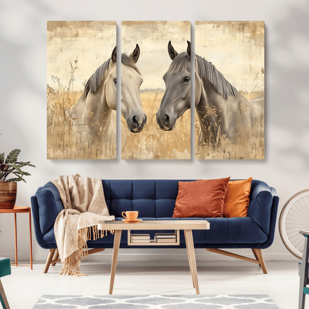 Chines Ink Style Grunge Horses Wall Art Canvas Print