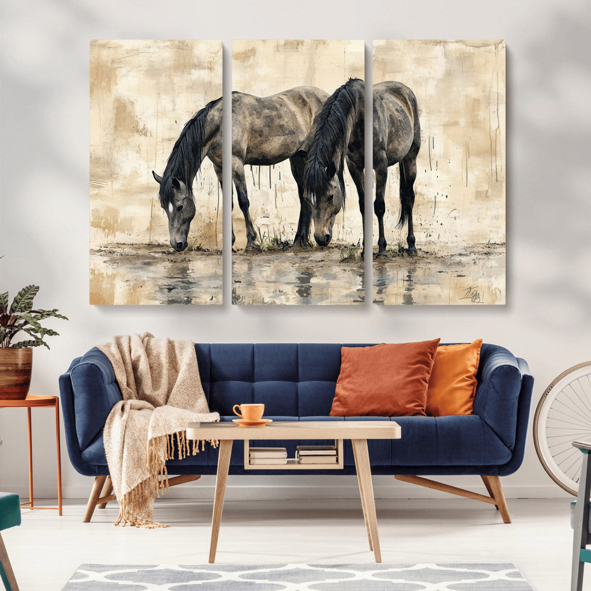 Chinese Style Abstract Black Horses Wall Art Canvas Print -