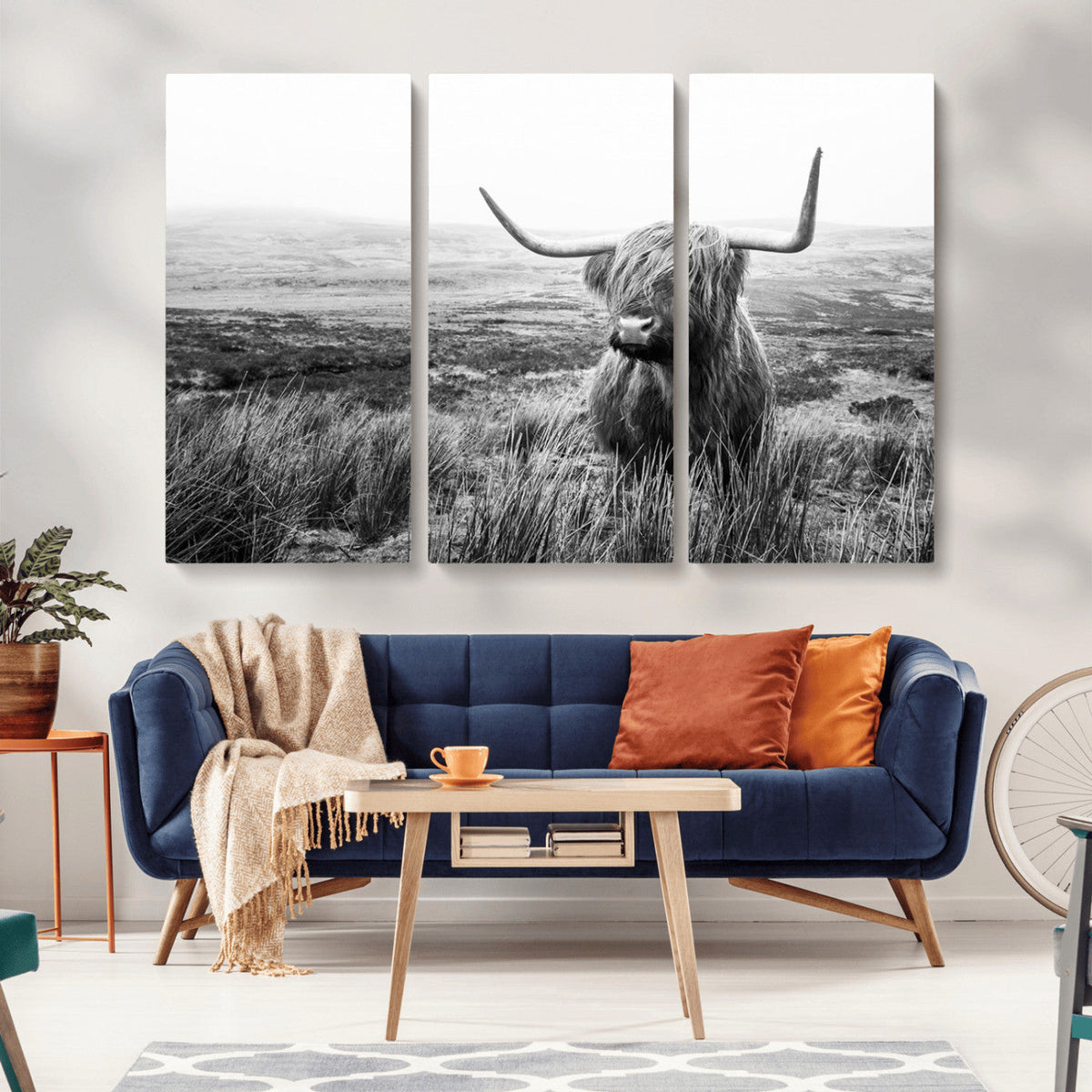 Scottish Highland Cow Wall Art | Black and White Canvas