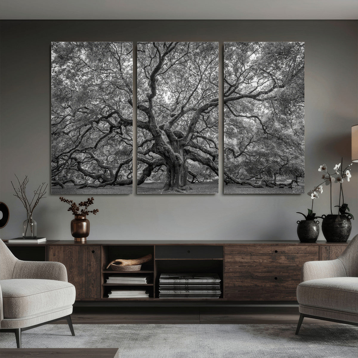 Majestic Angel Oak Tree Black and White Canvas Print – Multi