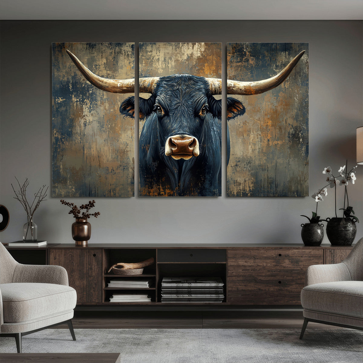 Texas Western Wall Art Canvas Print - Abstract Cow Longhorn