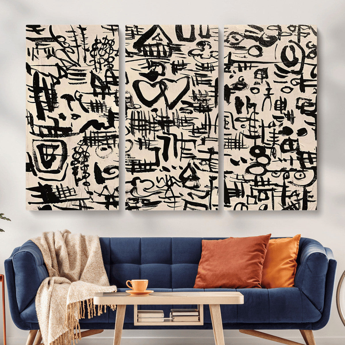 Abstract Love and Chaos Canvas Print, Black Symbols on Beige