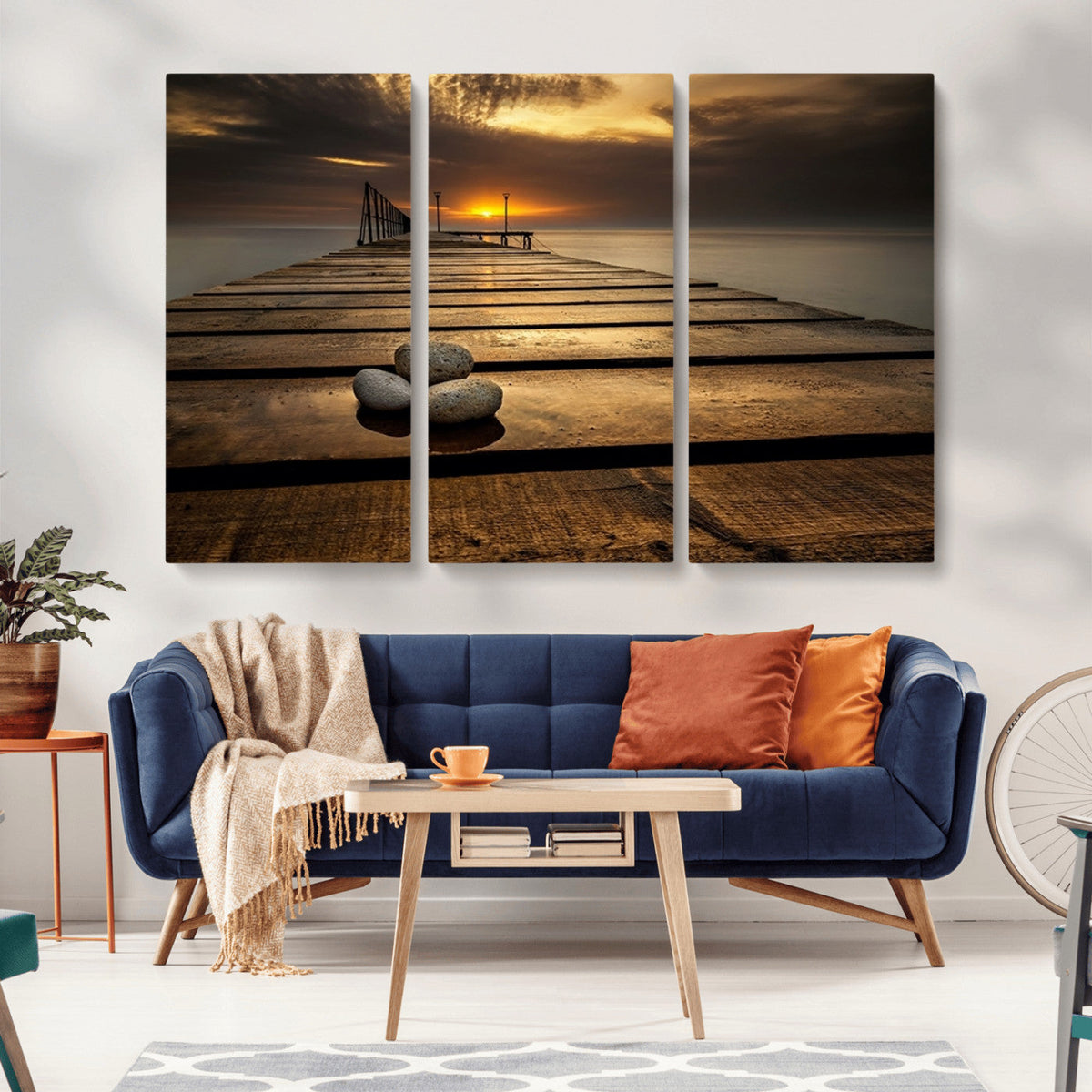 Stones on Wooden Pier at Sunset Canvas Print, Serene Coastal