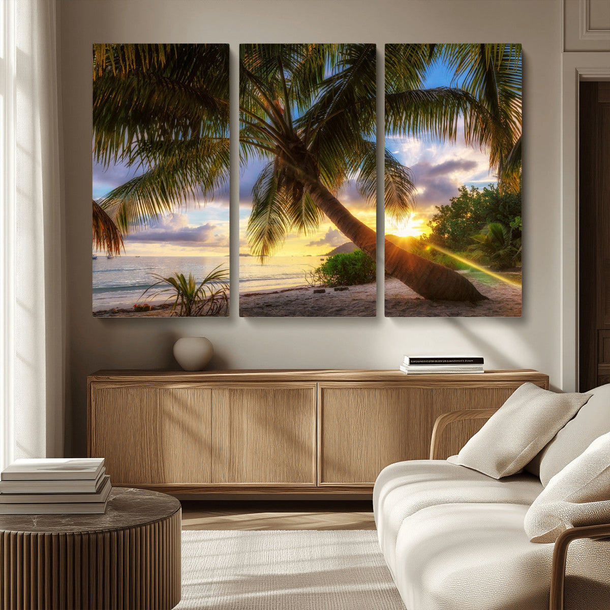 Tropical Island Sunset on the Beach Palms Wall Art Canvas