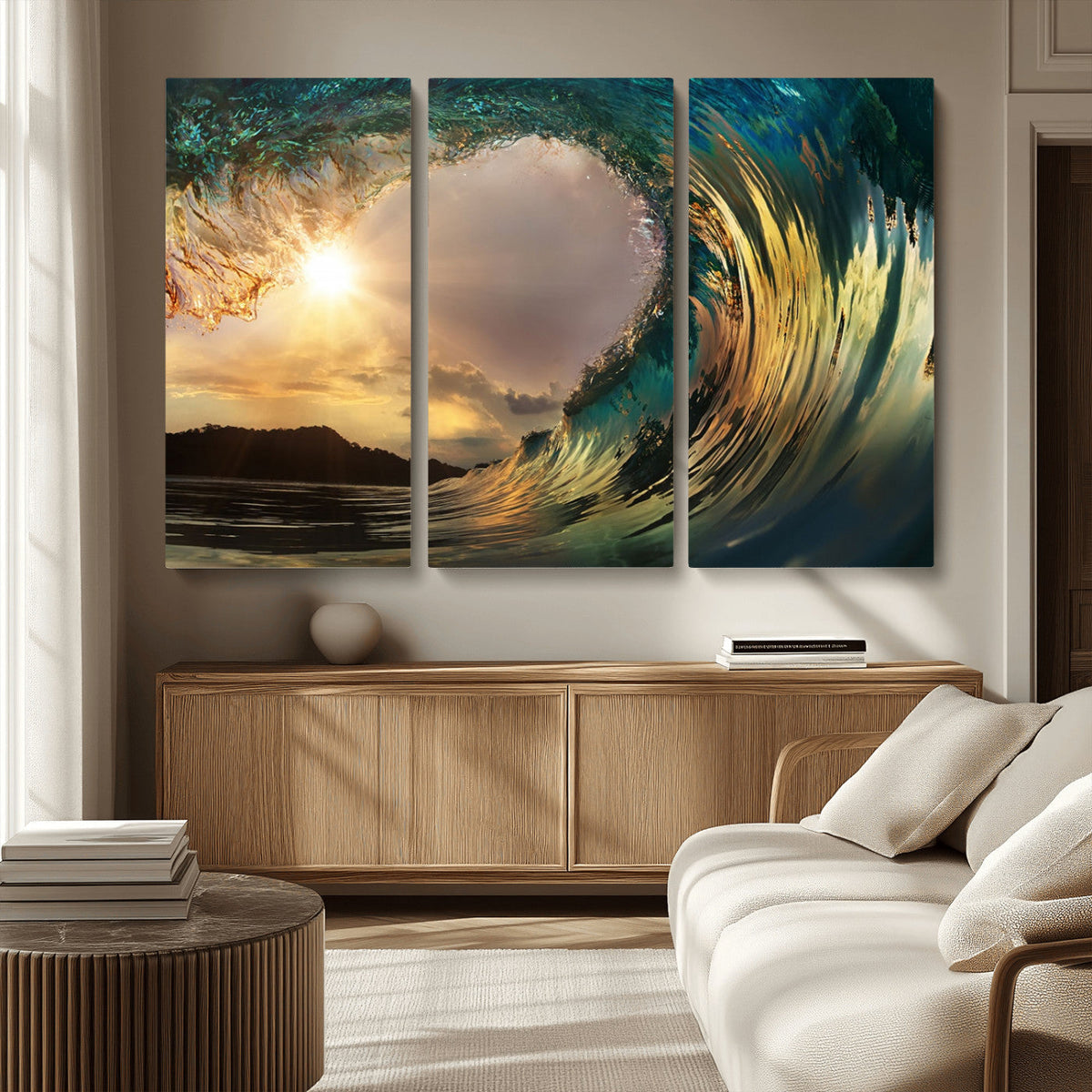 Golden Wave Sunset Canvas Print – Large Coastal Wall Art for
