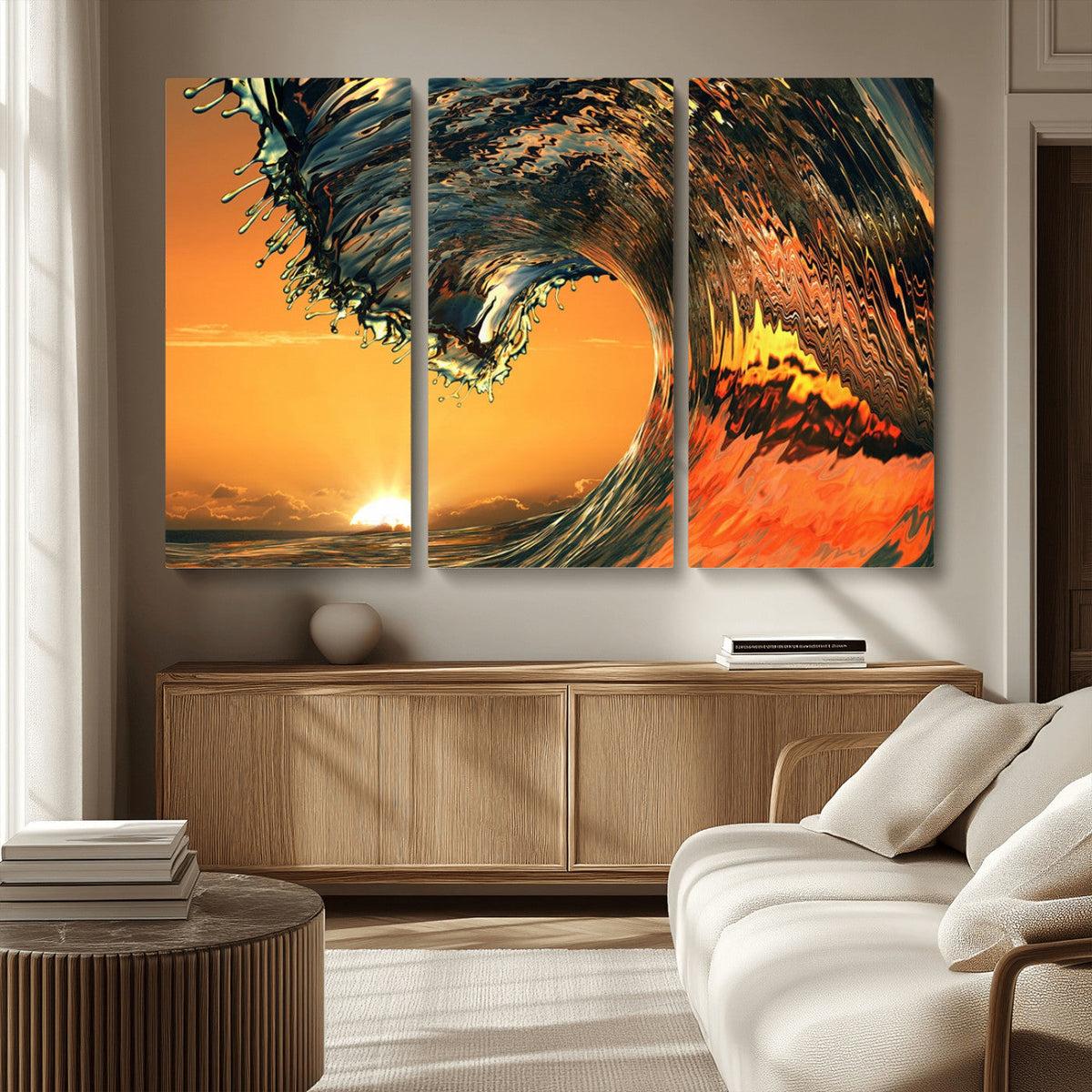 Surf Wave Sunset Canvas Wall Art Print, 3-Panel Ocean