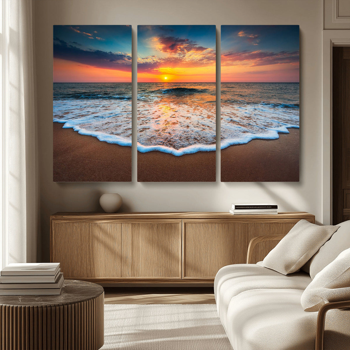 Sunset Beach Canvas Wall Art – Colorful Ocean Waves Triptych