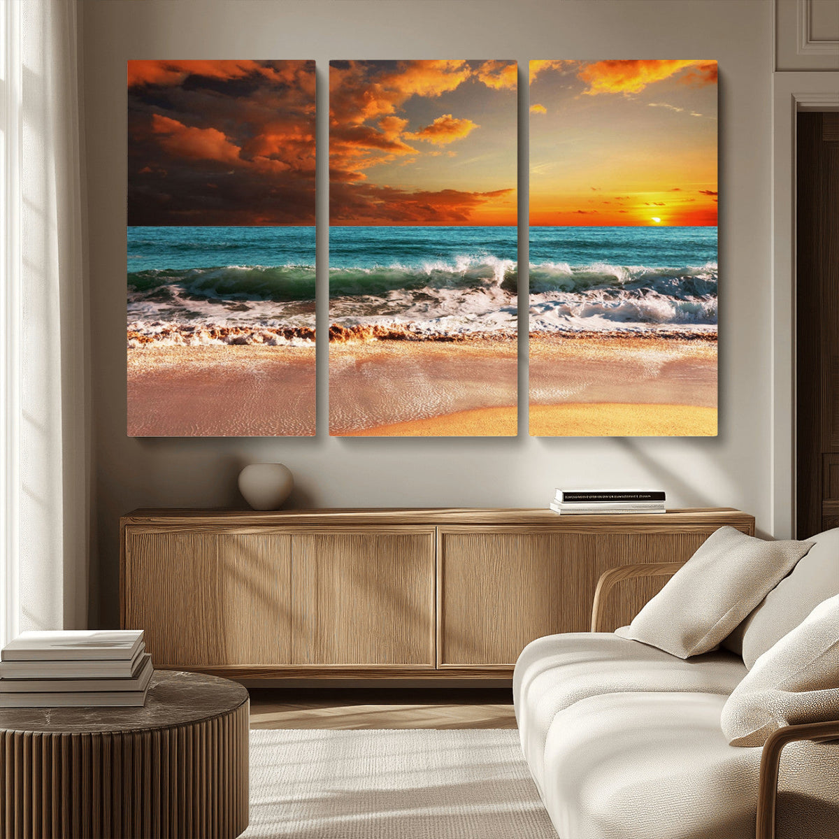 Golden Sunset Beach Canvas Wall Art – Triptych Seascape
