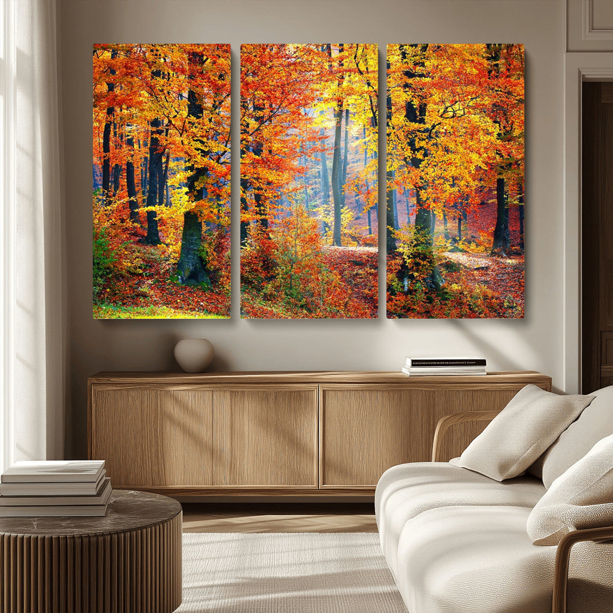 Autumn Red Forest Triptych Canvas Wall Art Print, Forest