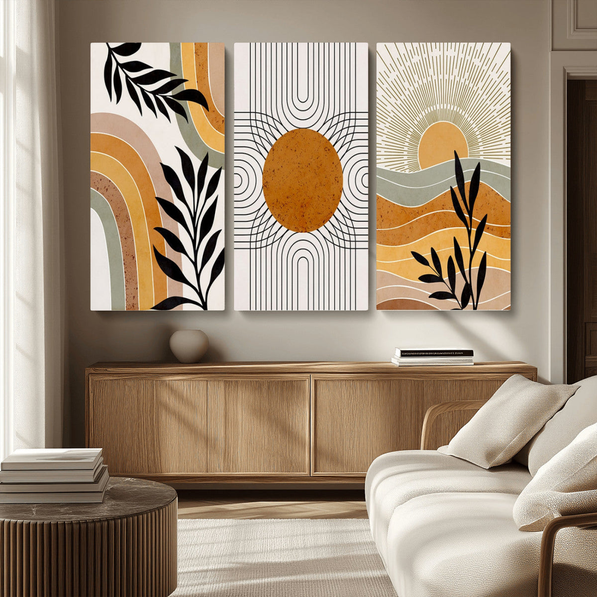 Modern Boho Sun and Leaf Abstract Art – 3-Panel Giclée