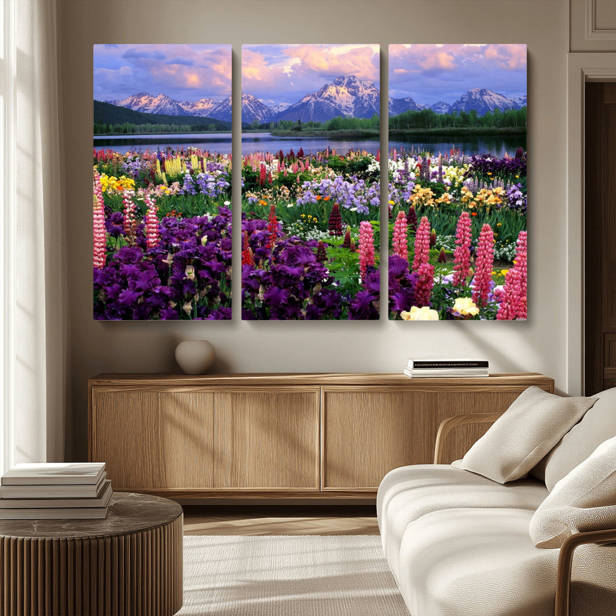Vibrant Wildflower Garden and Mountain View Giclee Canvas