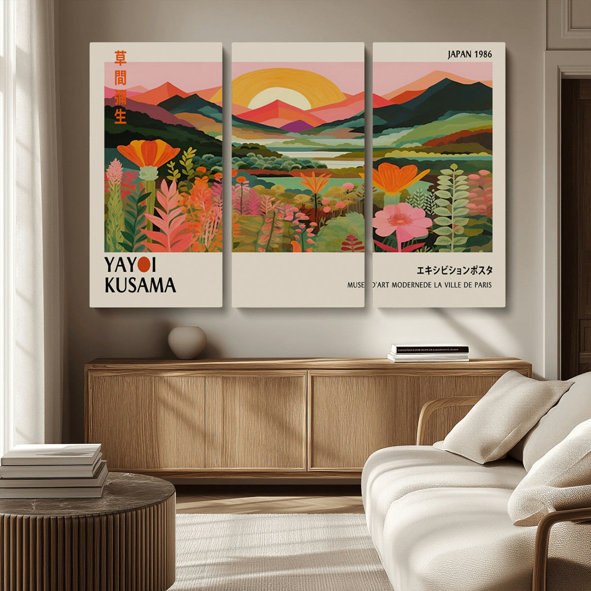 Framed Yayoi Kusama Print, Vibrant Floral Mountain Art