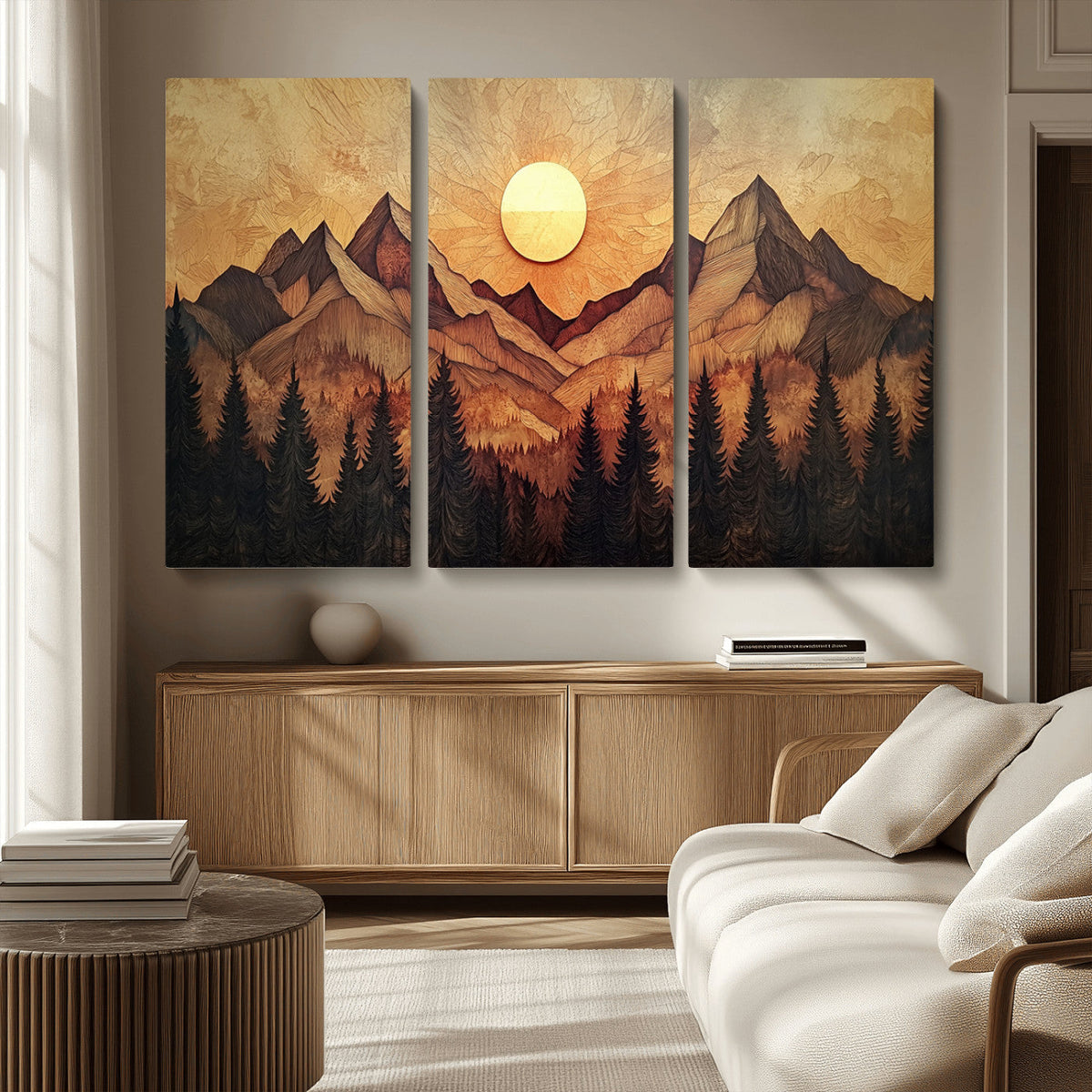 Wood Style Abstract Mountain Sunset Canvas Wall Art Print -