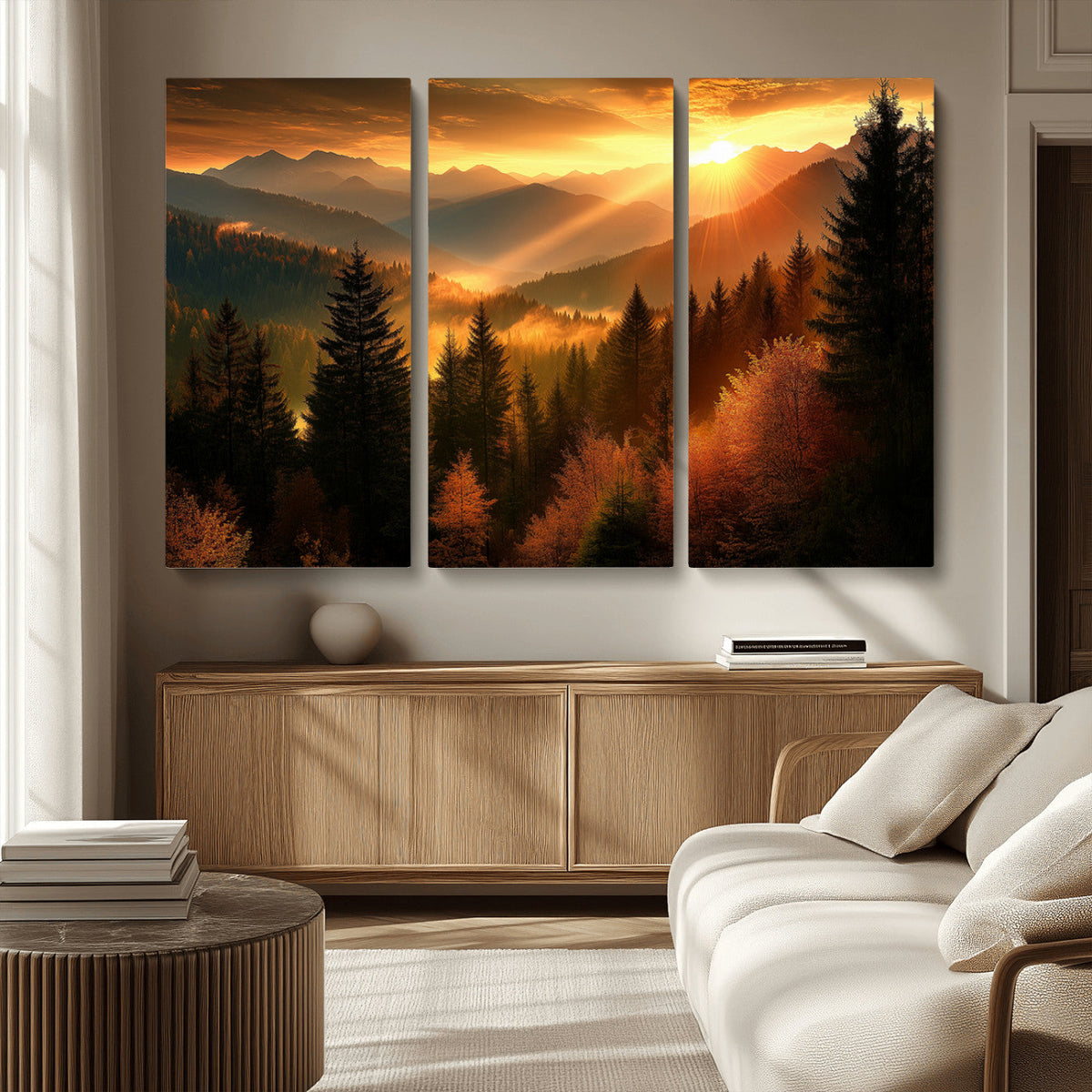 Golden Sunset Over Mountain Forest Canvas Wall Art Print -