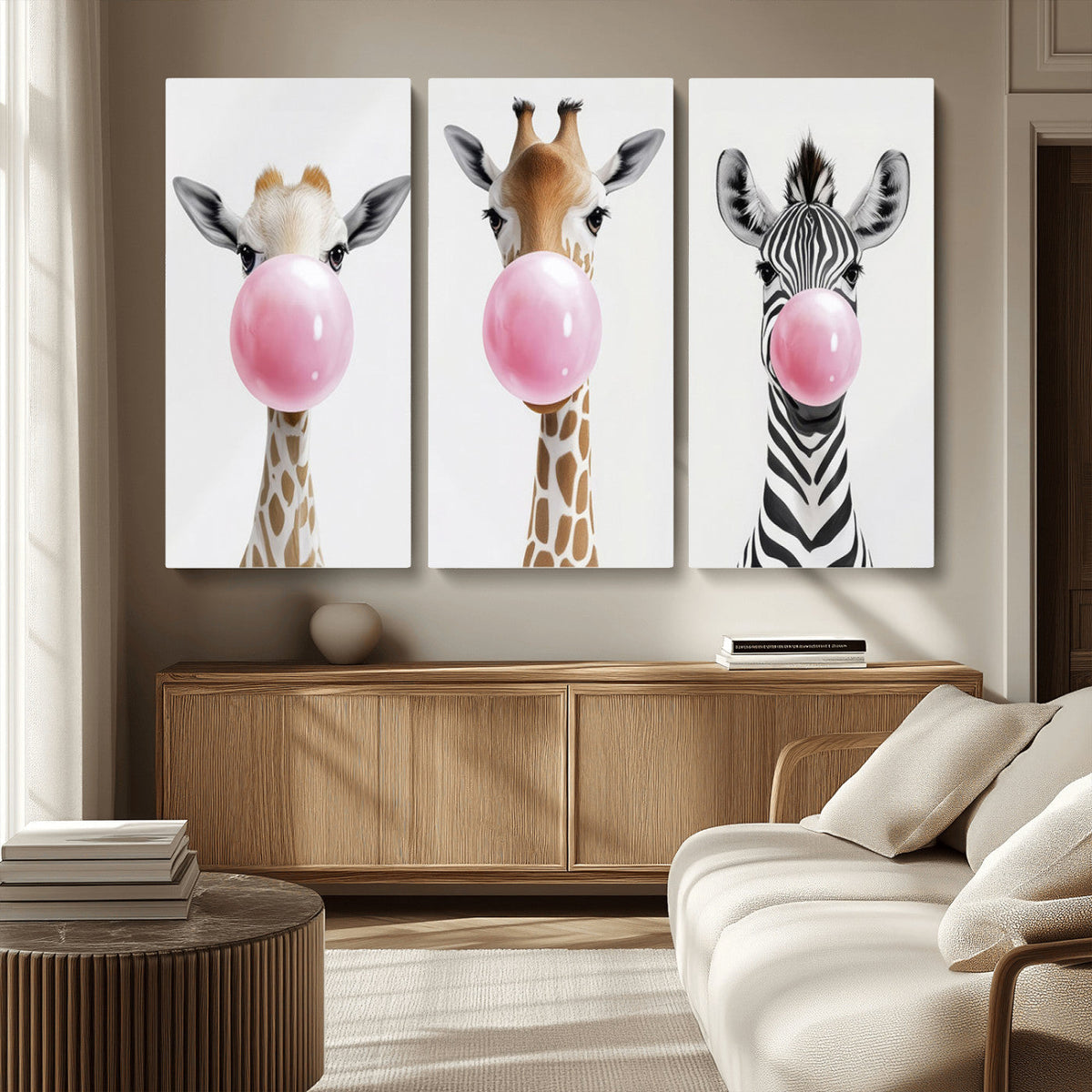 Bubblegum Animals Canvas Wall Art - Playful Giraffe and