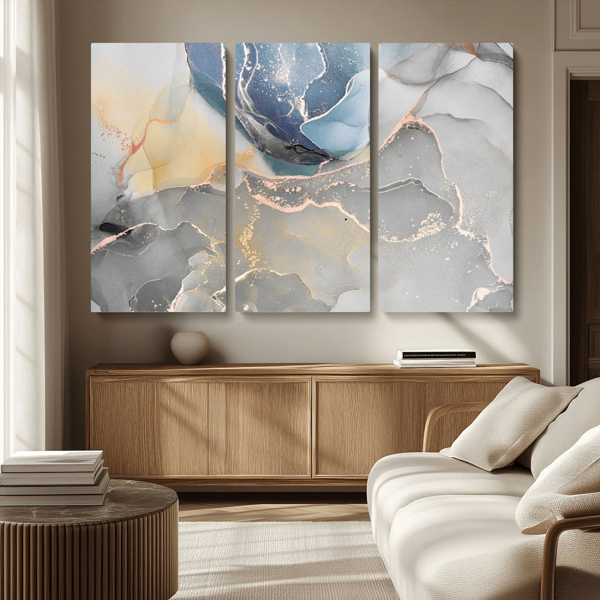 Large Abstract Blue and Gold Canvas Wall Art | Fluid Ink