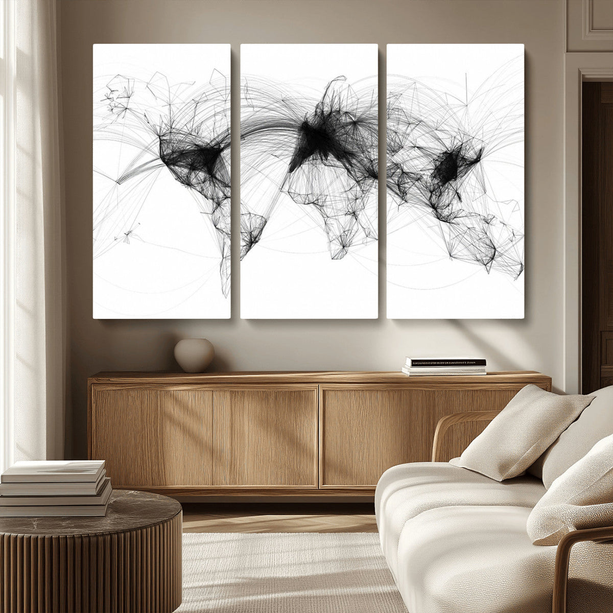 Abstract World Map Wall Art – Framed Geometric Line Canvas