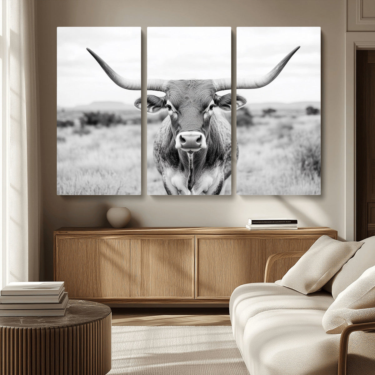 Highland Cow Wall Art Canvas Print – Black and White Western