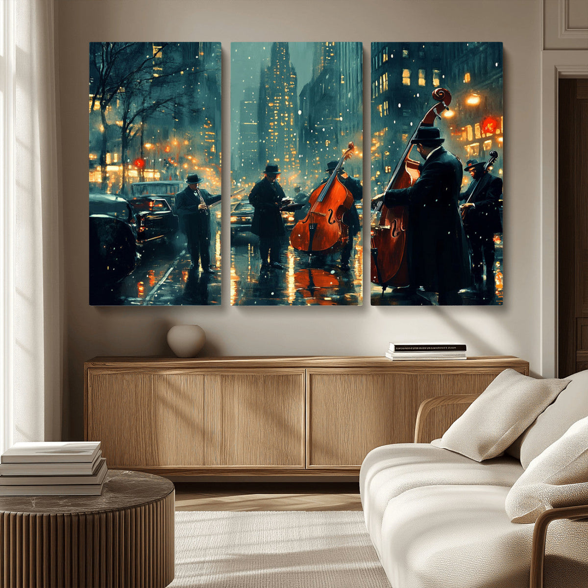 Urban Night Jazz Wall Art Canvas Print – Moody Rain-Soaked