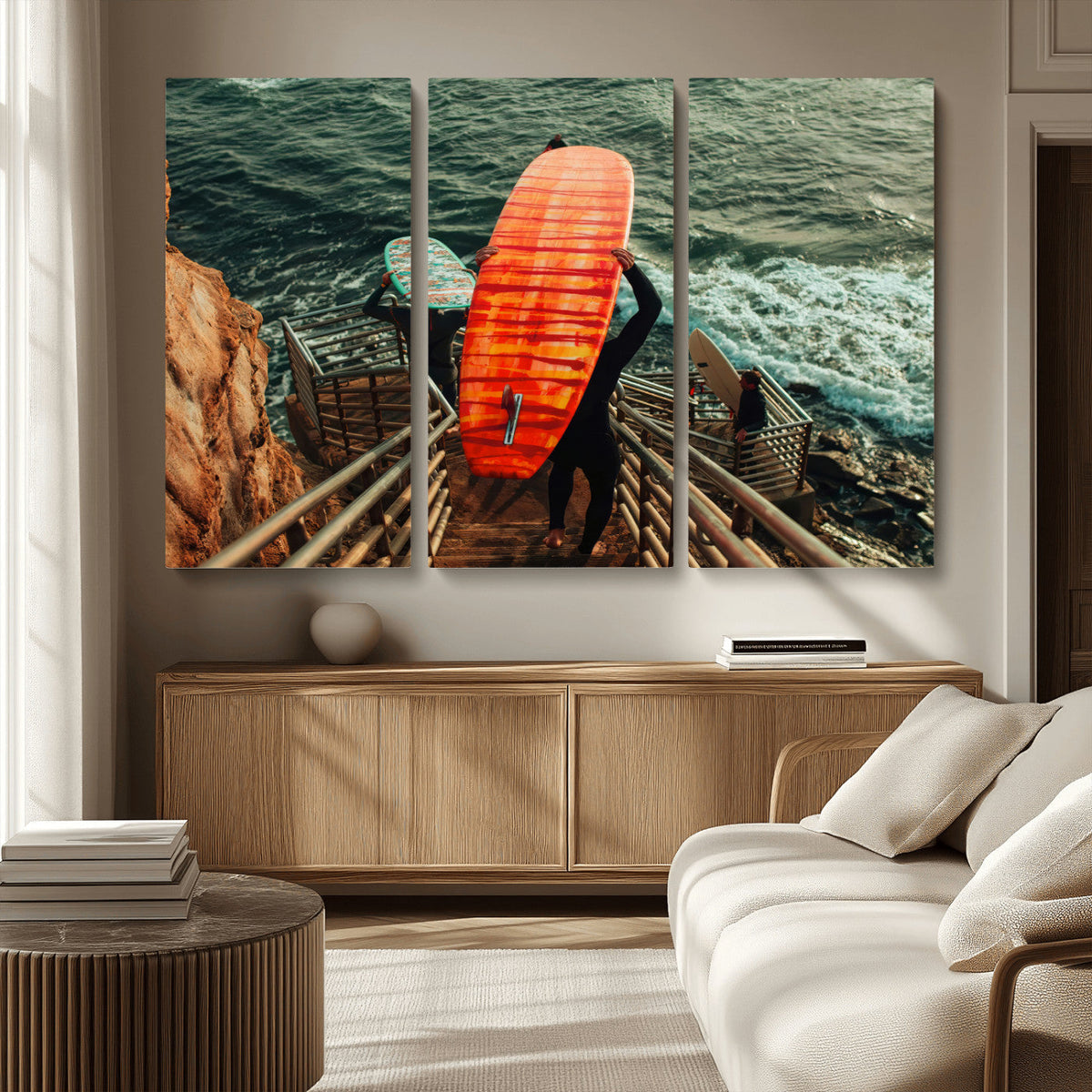 Surfer Stairway Wall Art – Framed Ocean Surf Canvas Artwork,