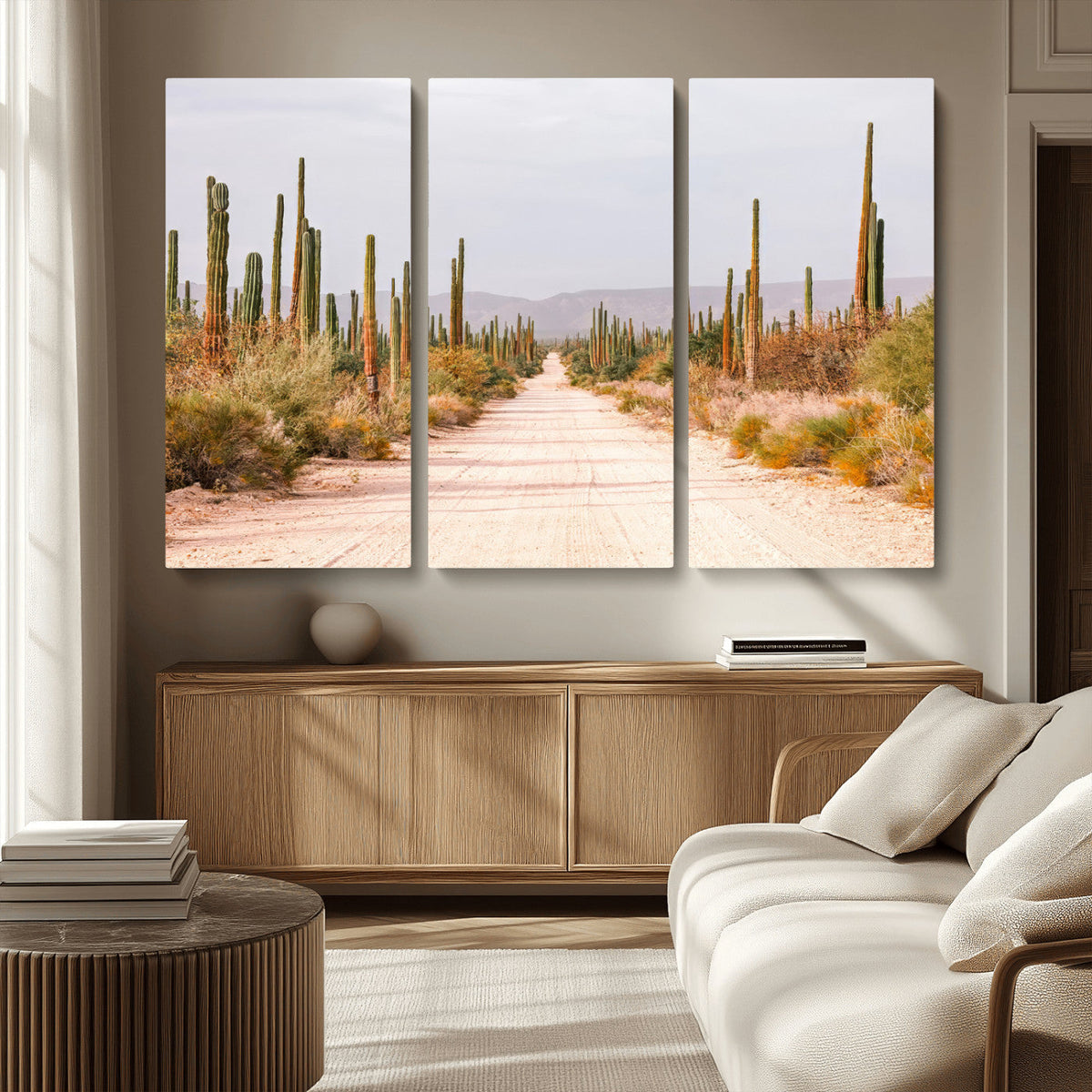 Desert Cactus Lined Road Wall Art Canvas Print – Framed