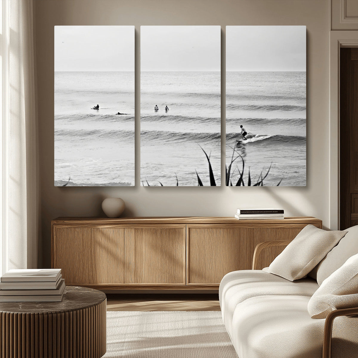 Surfer Silhouette Wall Art – Framed Calm Ocean Canvas