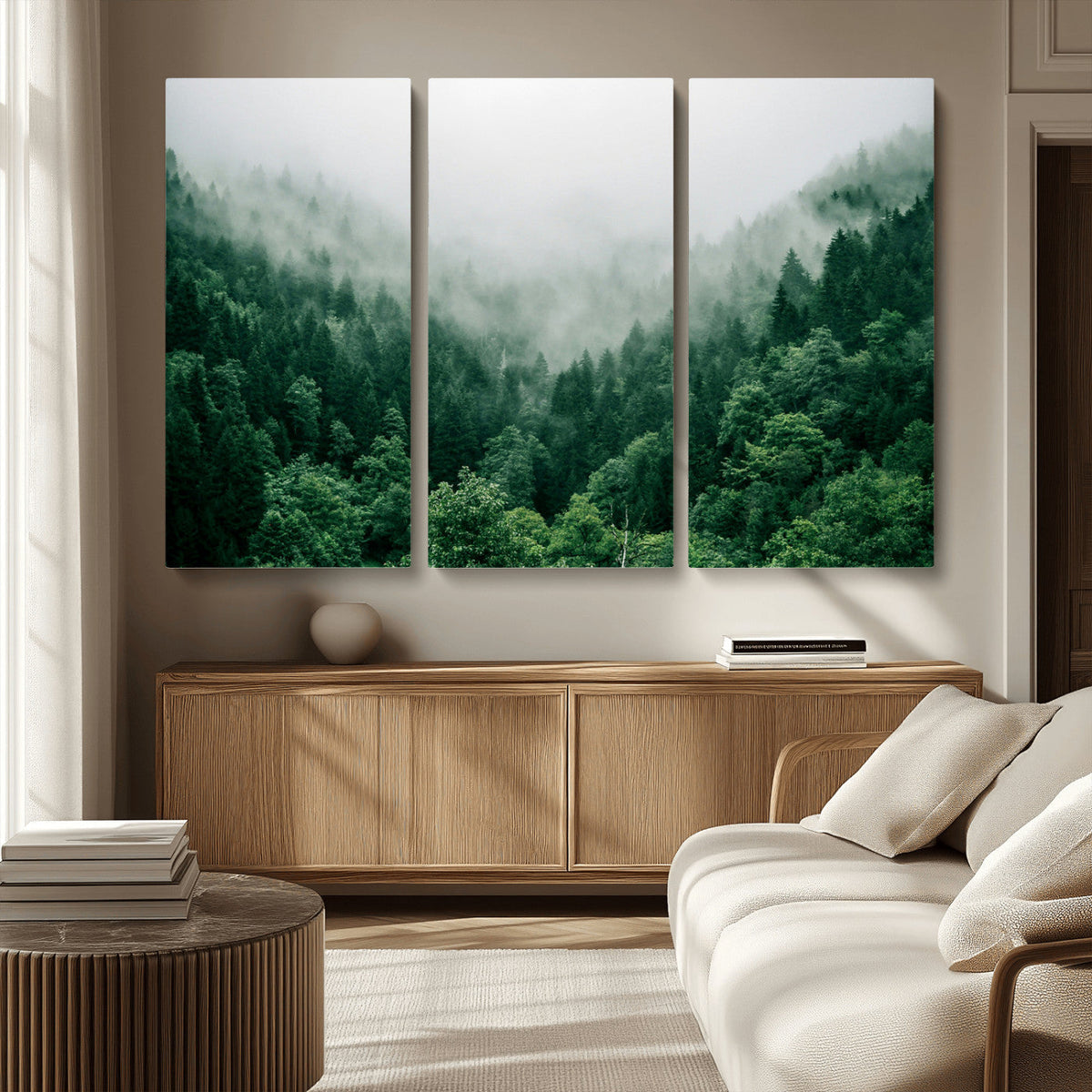 Misty Green Forest Canvas Print – Framed Serene Foggy Pine