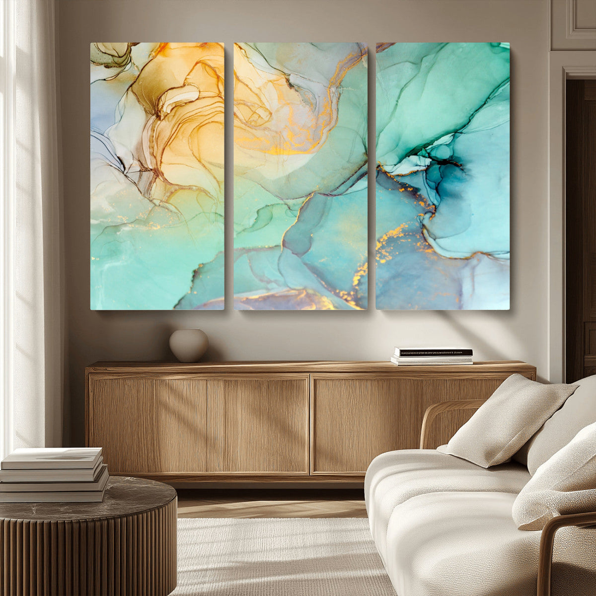 Abstract Aqua and Gold Fluid Wall Art Canvas | 3 Panel Large