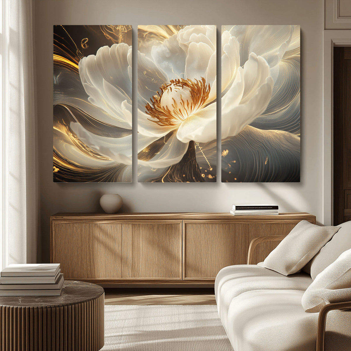Gold Floral Wall Art Canvas Print, Framed Modern Flower Art