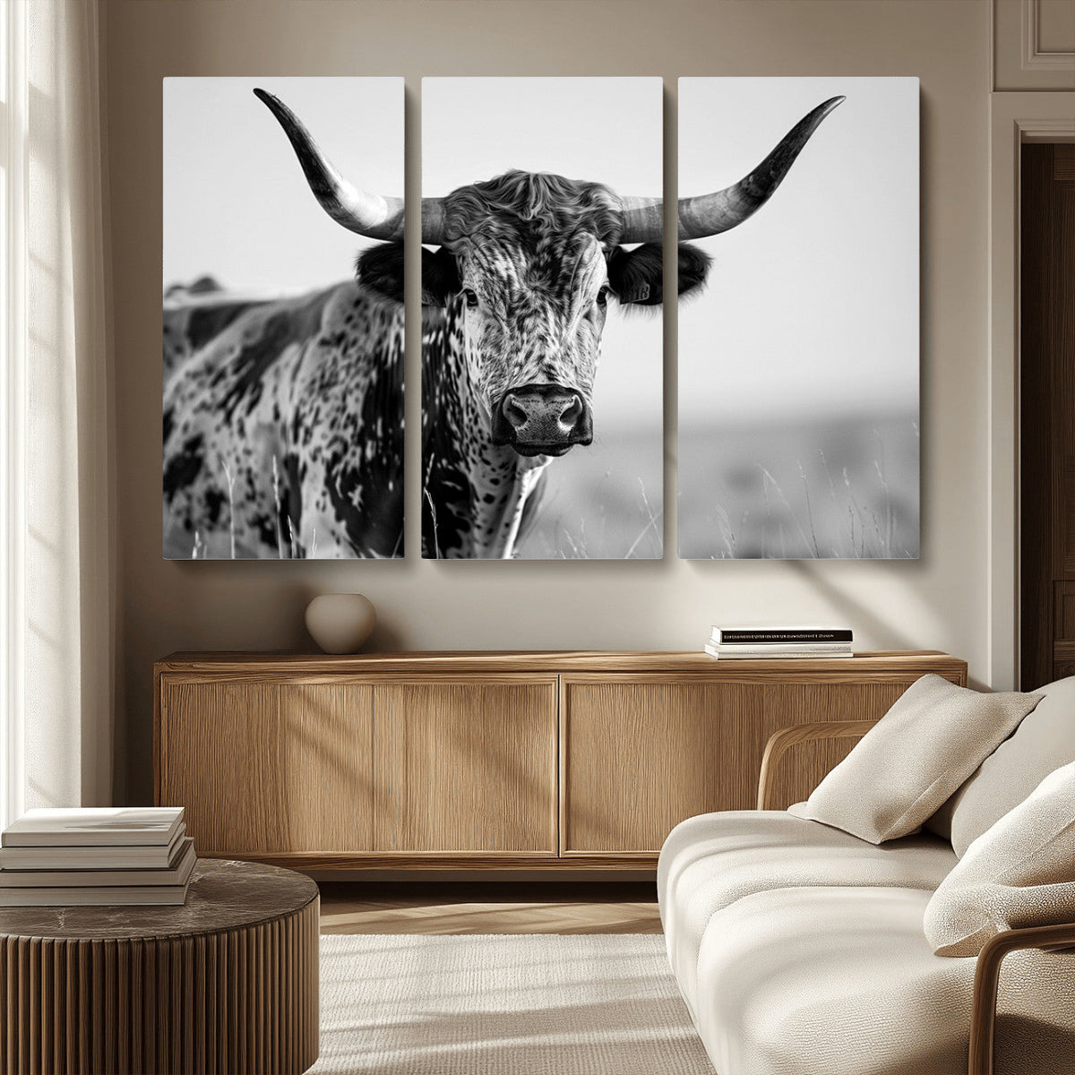 Texas Highland Cow Longhorn Canvas Print - Rustic Farmhouse