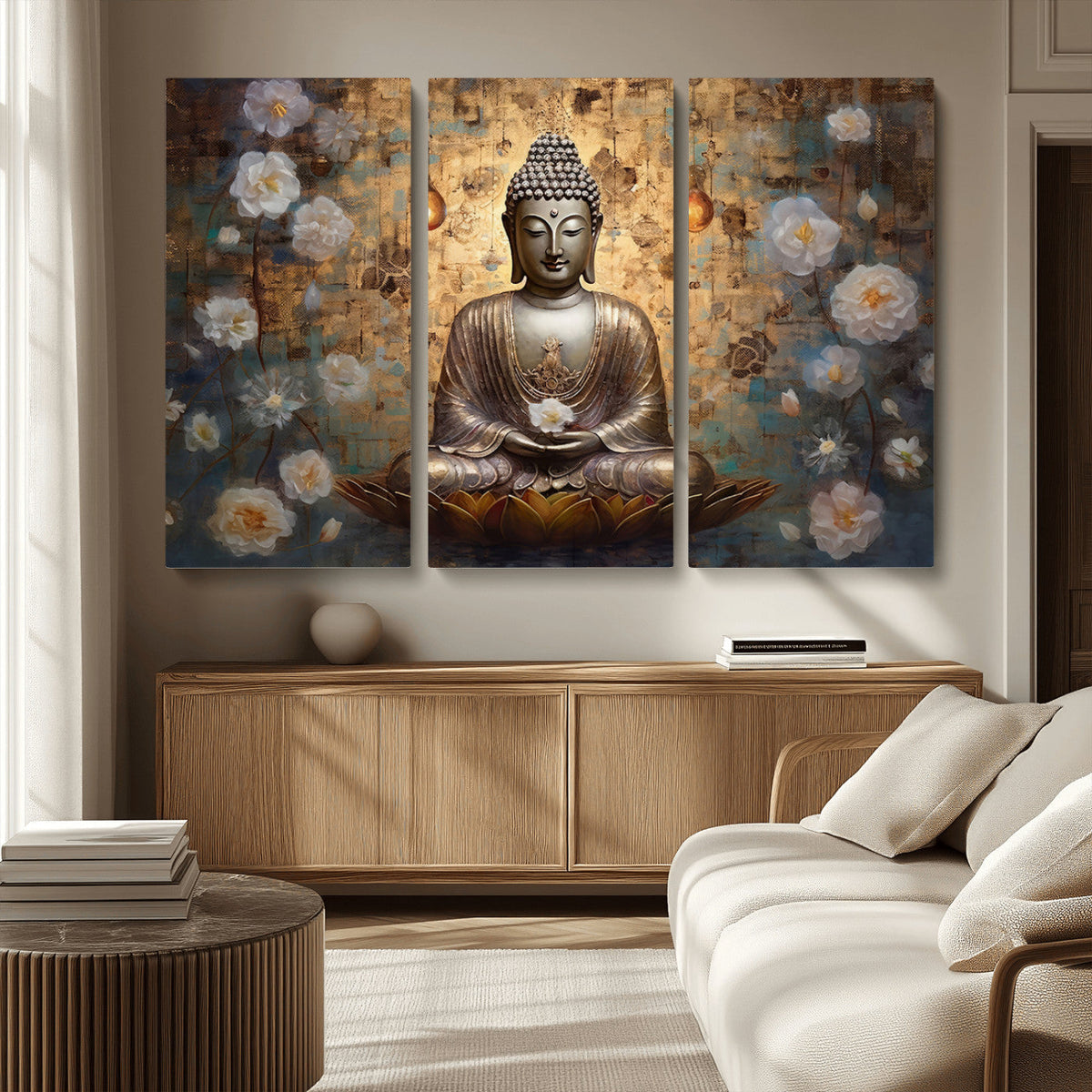 Golden Buddha Wall Art Canvas Print | Zen Meditation Floral