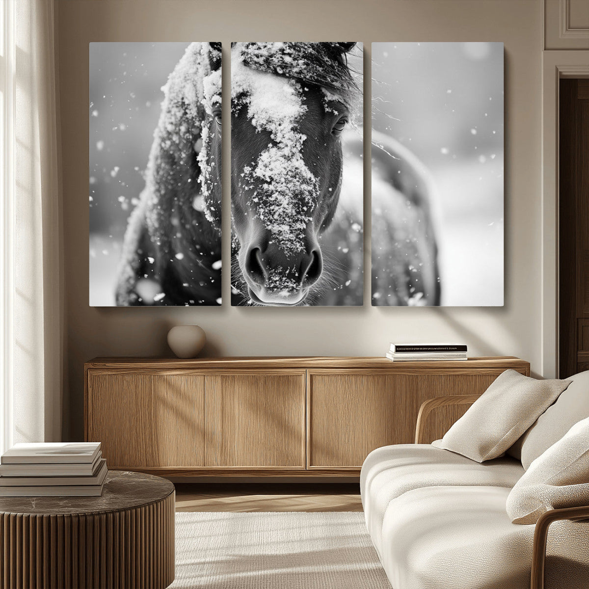 Black and White Horse Winter Wall Art | Ready to Hang and
