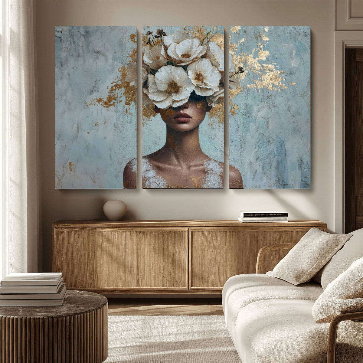 Golden Petal Wall Art - Petal Silhouette Woman Wall Art