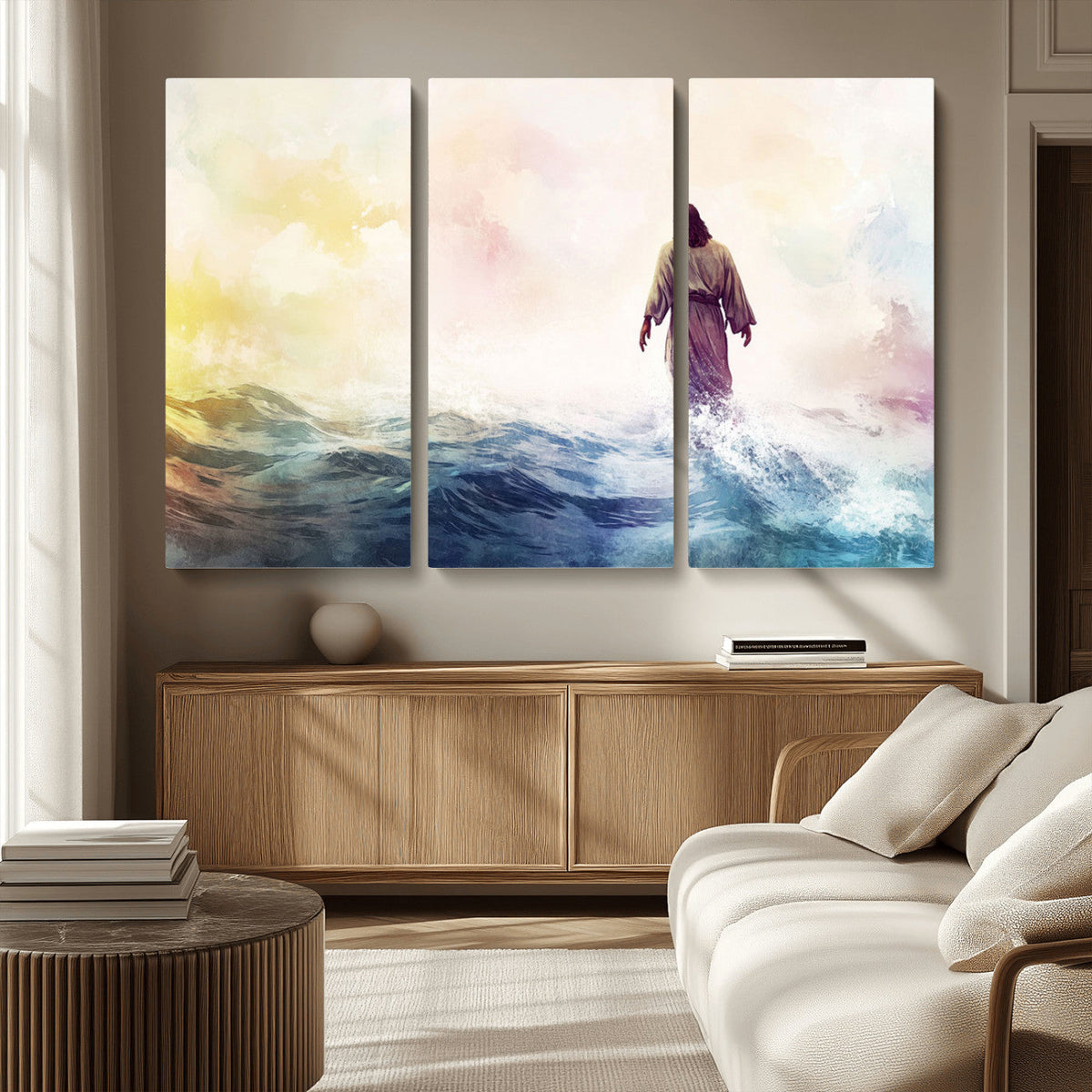 Watercolor Jesus Walking on Water Canvas Print, Christian