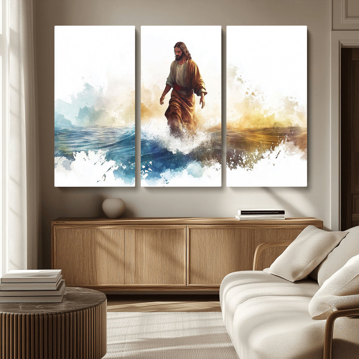 Watercolor Jesus Walking Wall Art Print, Jesus Water Canvas