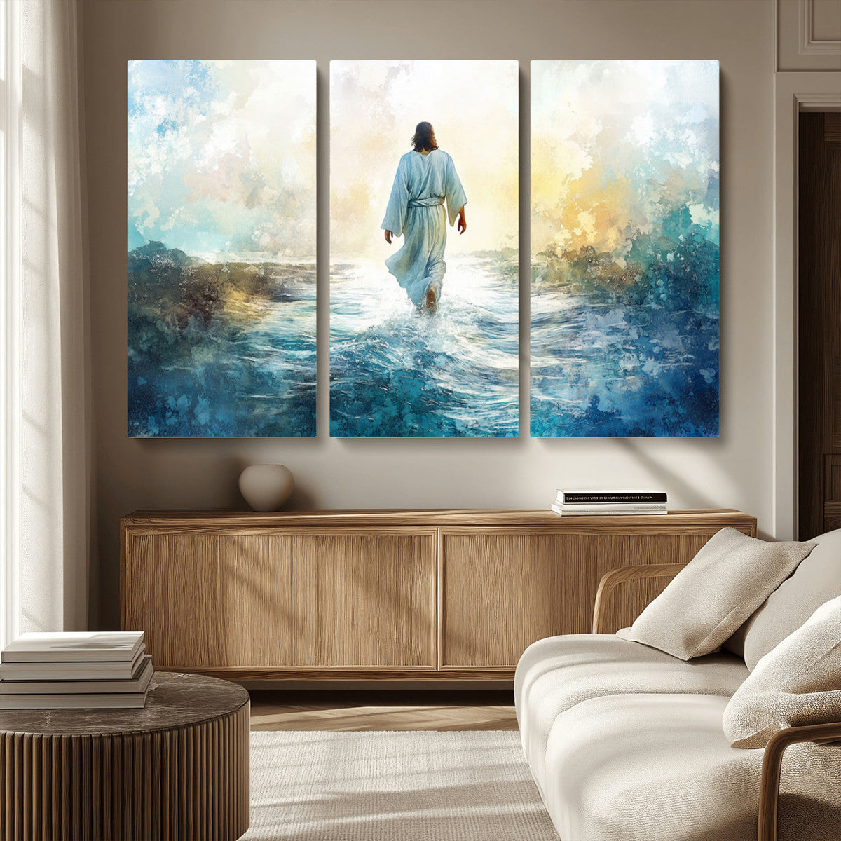 Watercolor Jesus Walking on Water Canvas Print, Christian