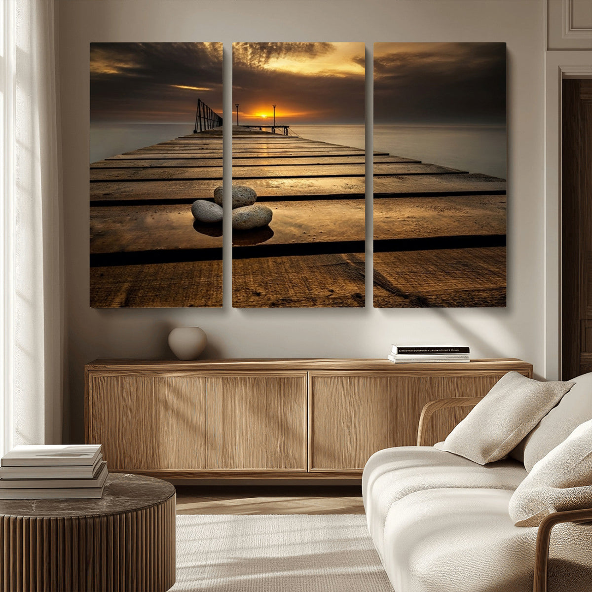 Stones on Wooden Pier at Sunset Canvas Print, Serene Coastal