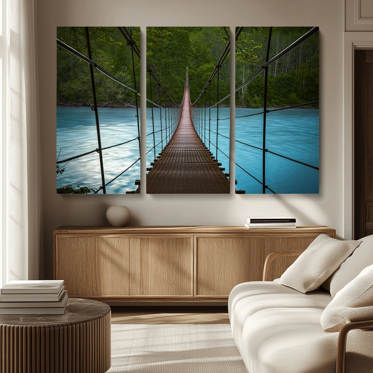 Suspension Bridge Over River Canvas Art | 3-Panel Nature