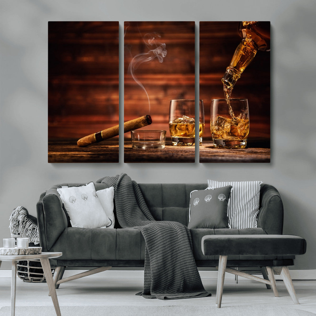 Whiskey and Cigar Wall Art Canvas | 3 Panel Bar Room Decor