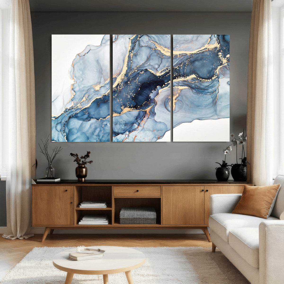 Blue Abstract Canvas Wall Art Print | Fluid Marble Effect Abstract Art