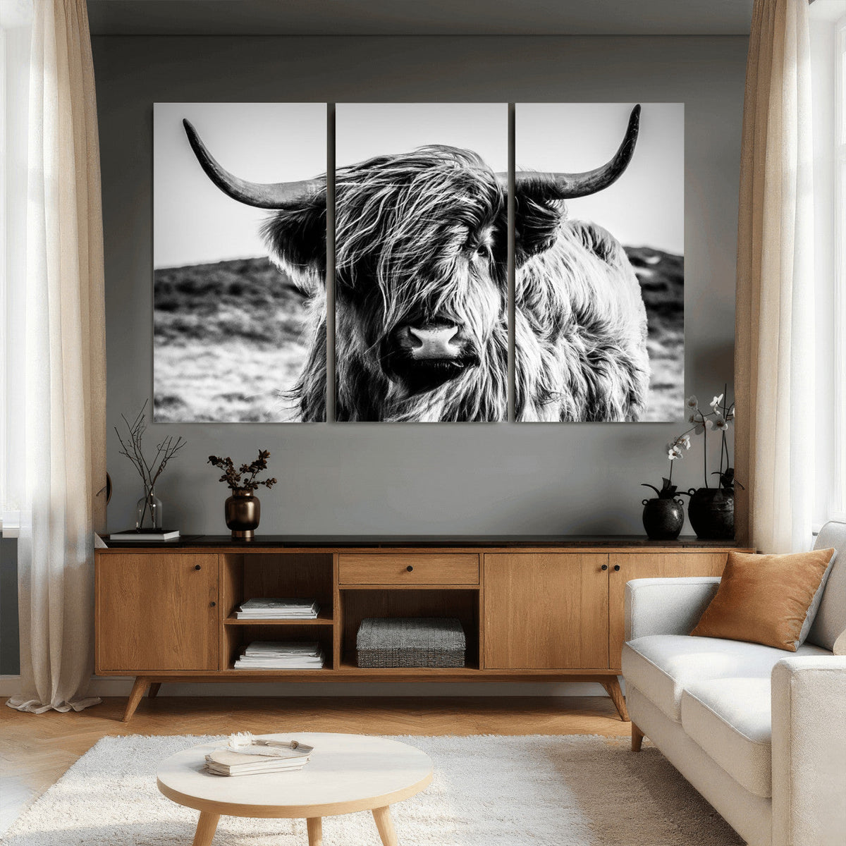 Black and White Scottish Cow Canvas Wall Art Highland Cattle