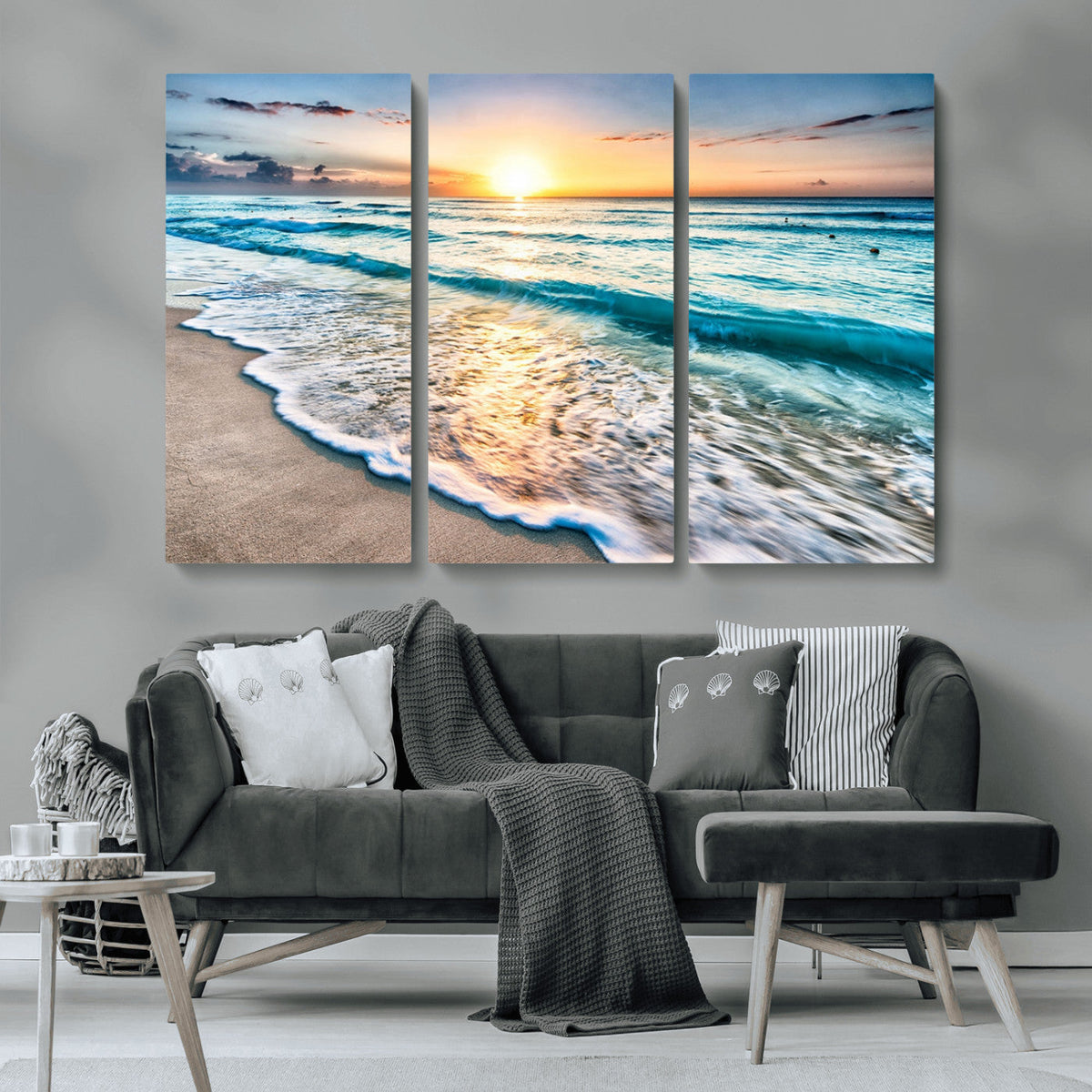 Sunset Beach Waves Canvas Wall Art – 5-Panel Ocean Sunset