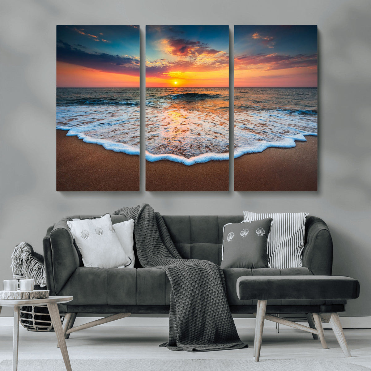 Sunset Beach Canvas Wall Art – Colorful Ocean Waves Triptych