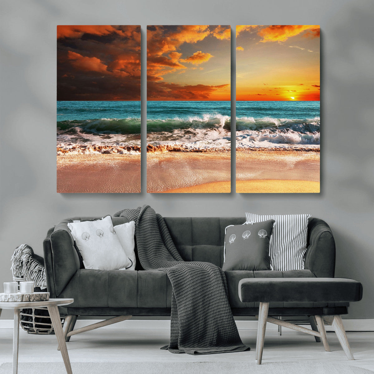 Golden Sunset Beach Canvas Wall Art – Triptych Seascape