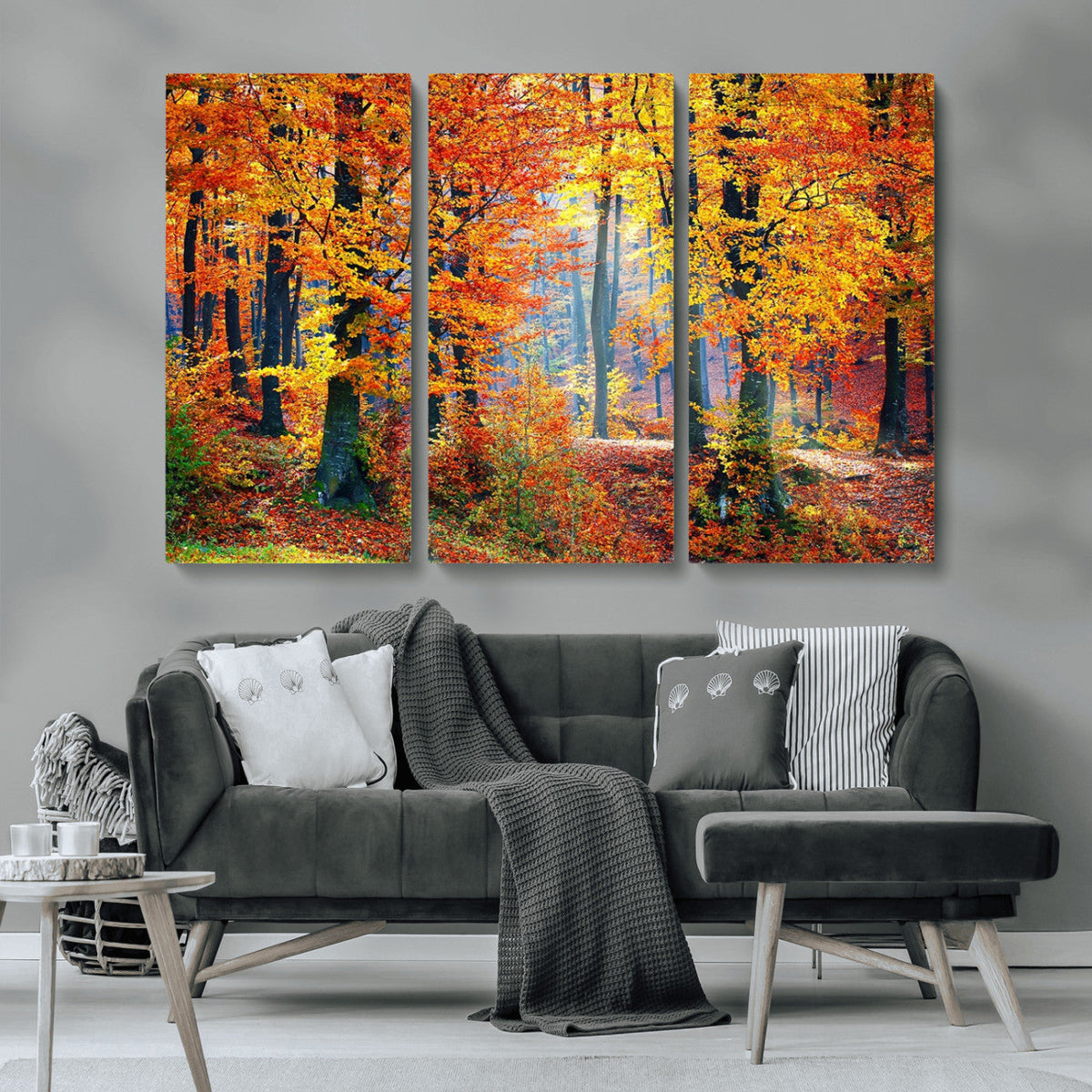 Autumn Red Forest Triptych Canvas Wall Art Print, Forest