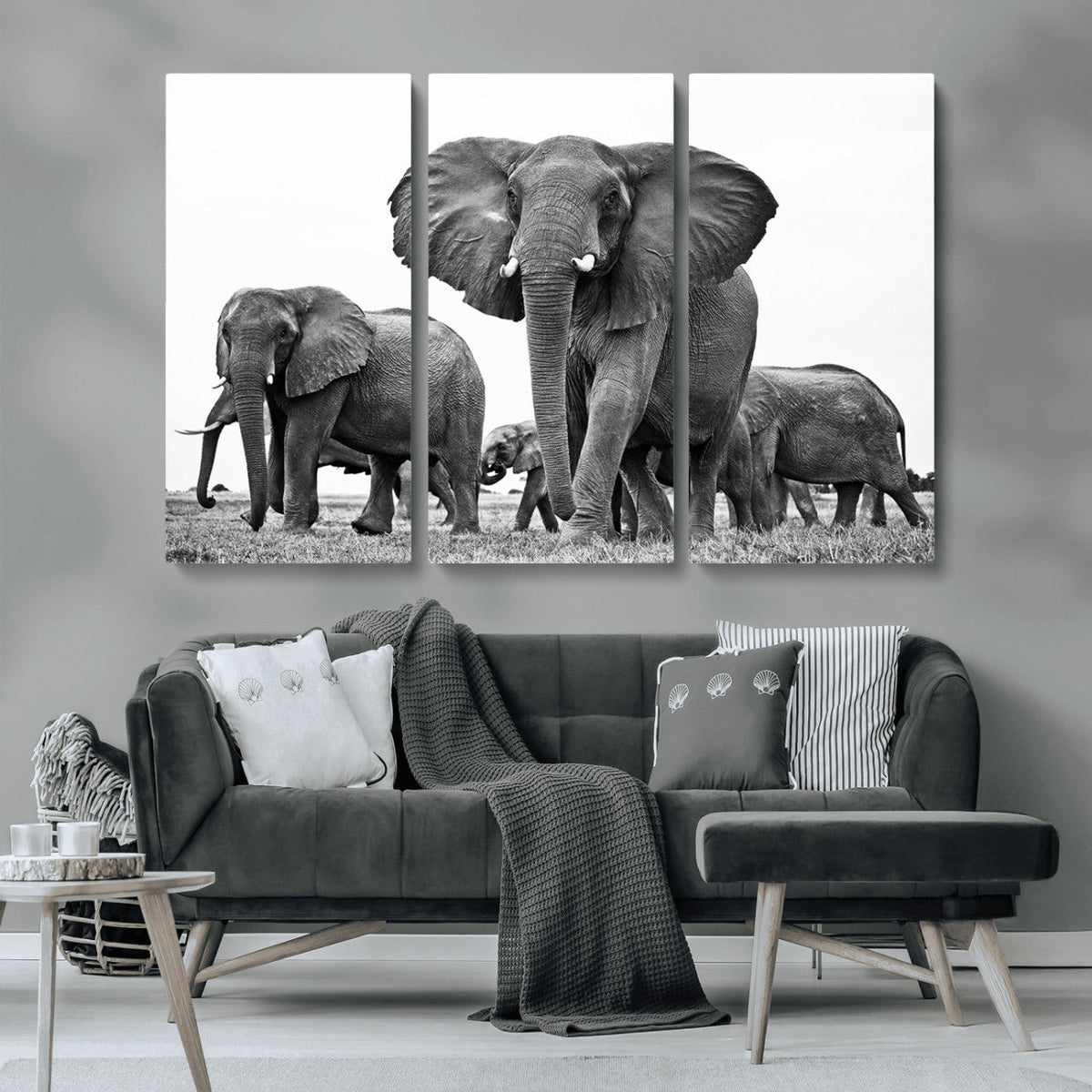 Black White Elephant Family Wall Art Canvas Print