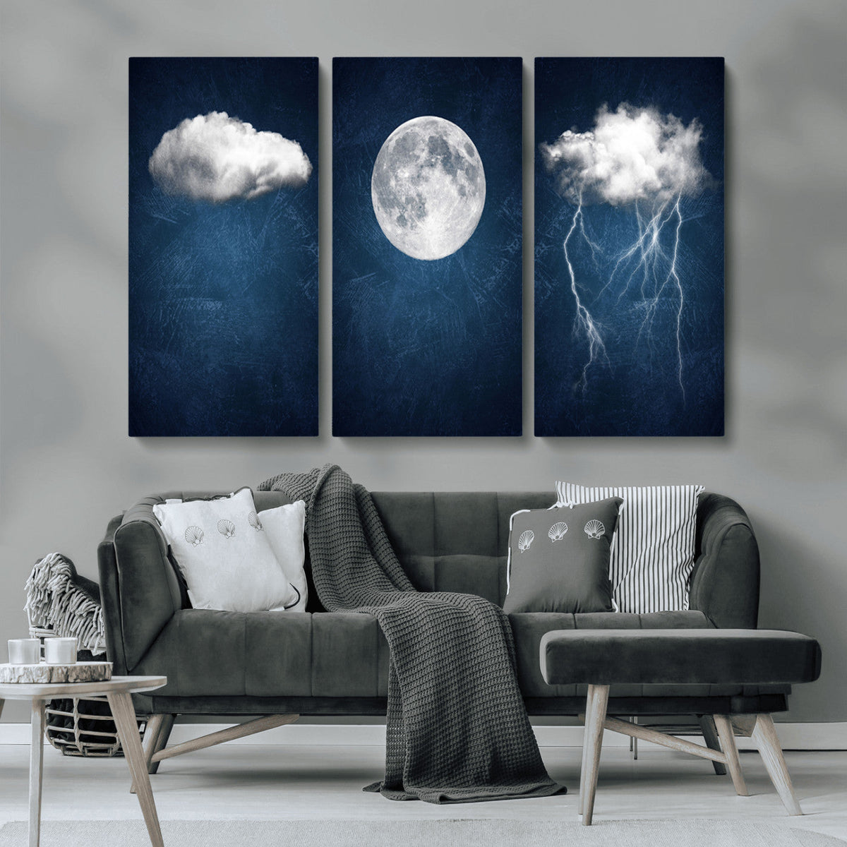 Dark Blue Cloud Art, 3 Piece Indigo Blue Wall Art, Aesthetic