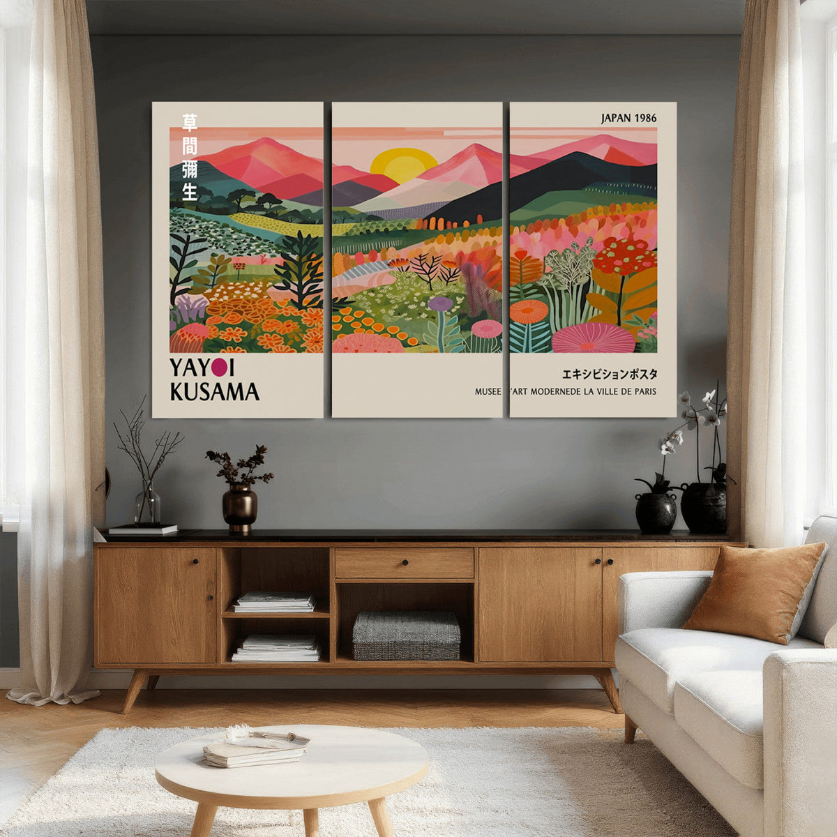 Yayoi Kusama Landscape Canvas Print, Vibrant Floral Mountain Art Print, Framed Botanical Wall Art -