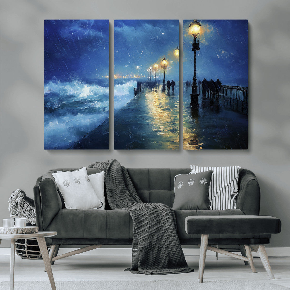 Storm Ocean Pier Canvas Wall Art Print - Large Moody Night