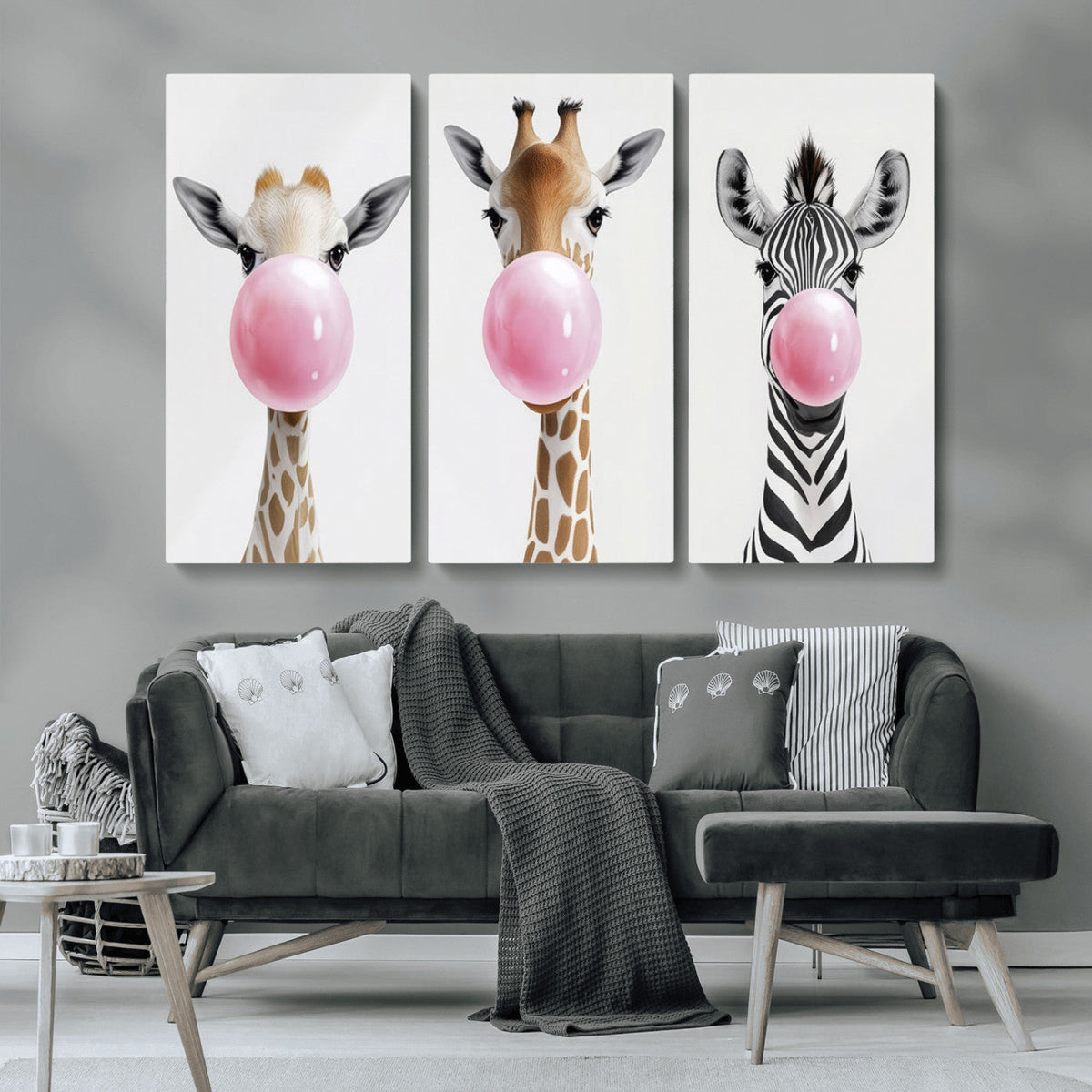 Bubblegum Animals Canvas Wall Art - Playful Giraffe and